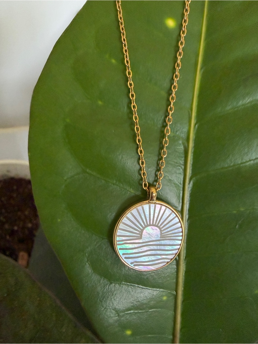 Stainless Steel Gold Overlay Sunburst Mother-of-Pearl Pendant Necklace 🌅